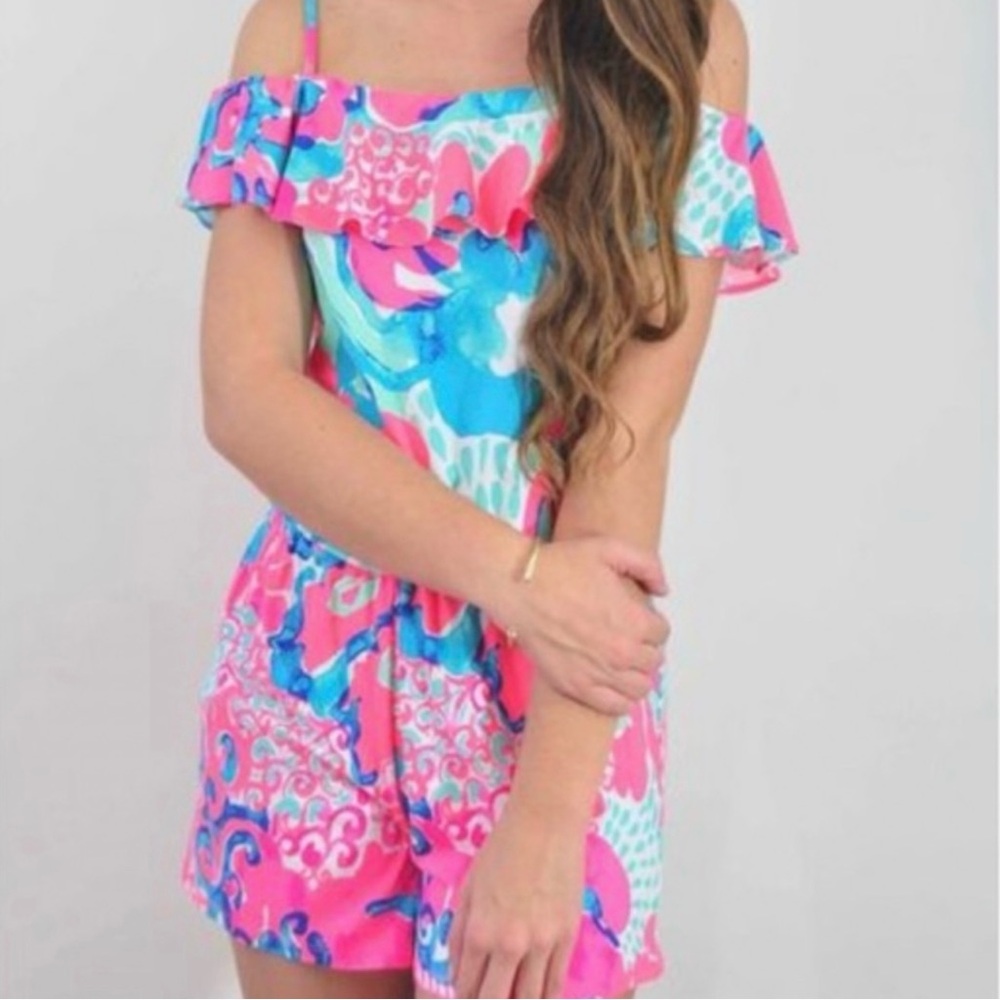 Lilly Pulitzer Pink and Blue Off-Shoulder Romper